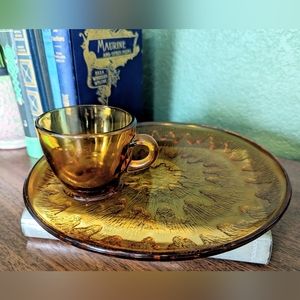 Vintage 1960 Indiana Glass Amber Gold Sunburst Snack Luncheon Plate & Cup